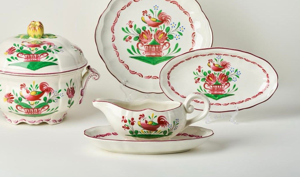 St Clement Faience "Coq" Saucière w/plate